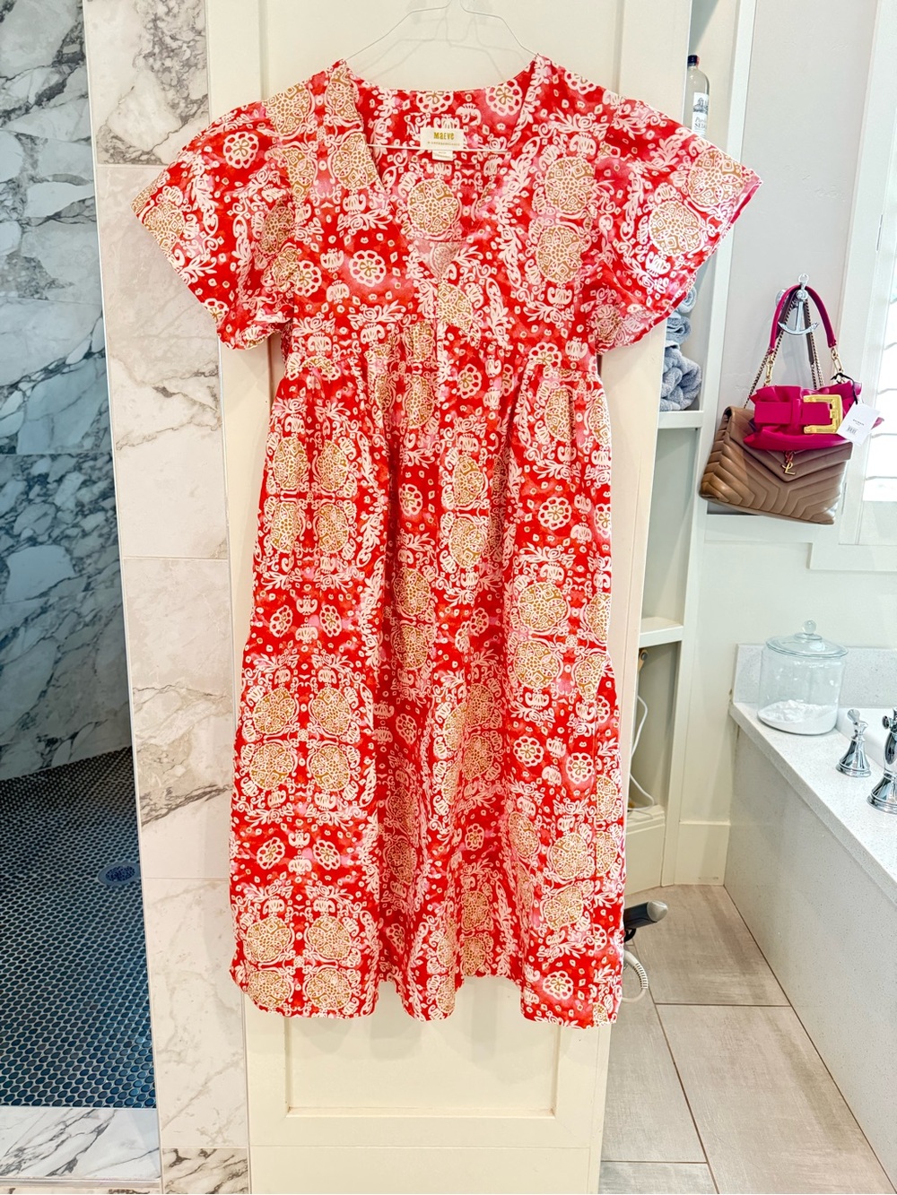 Maeve Red and Cream Floral Midi Dress with V-Neck